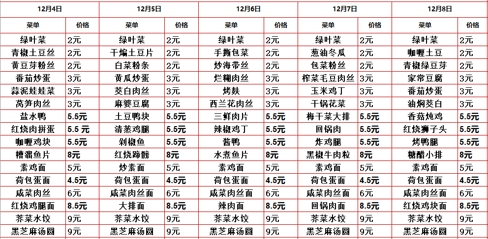2023学年第一学期第十五周菜单