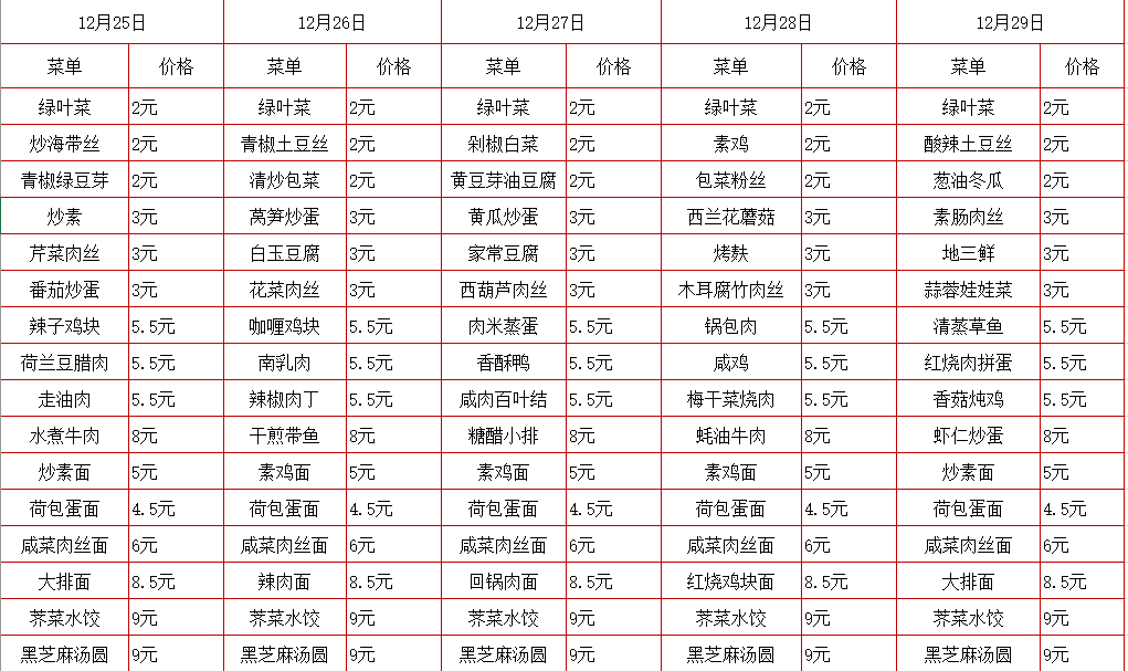 2023学年第一学期第十八周菜单