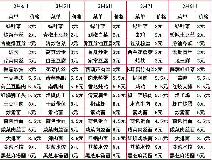 2023学年第二学期第三周菜单