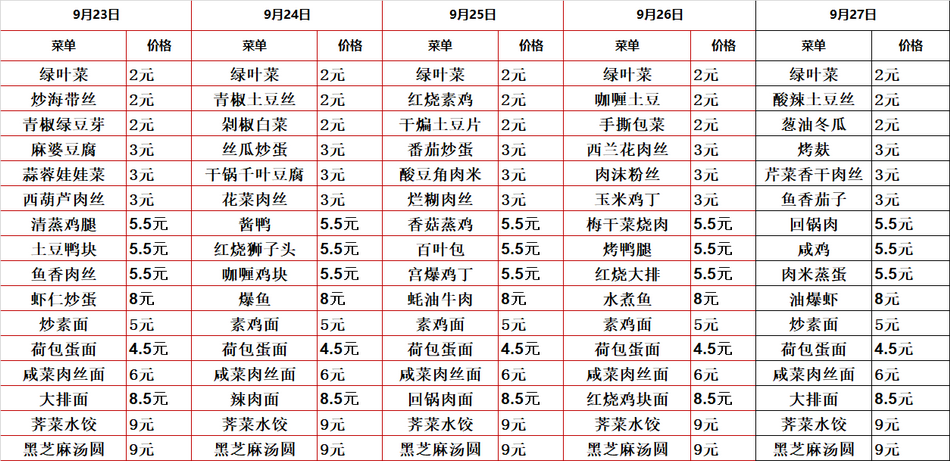 2024学年第一学期第四周菜单