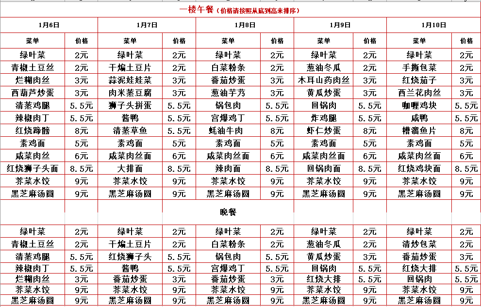 2024学年第一学期第十九周菜单