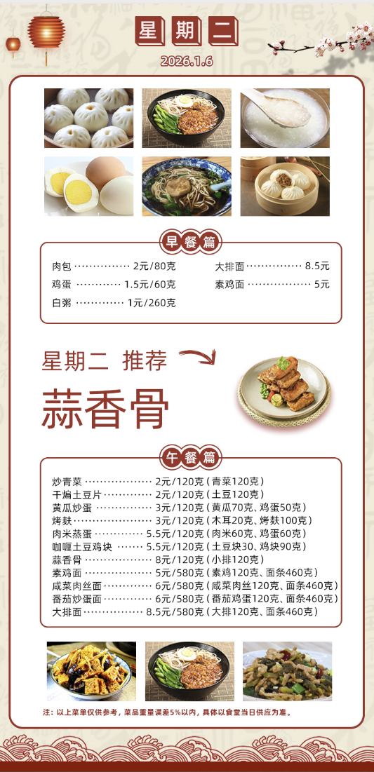 2025学年第一学期第十九周菜单