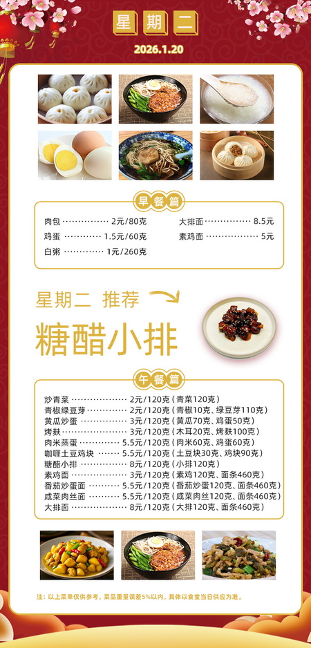 2025学年第一学期第二十一周菜单